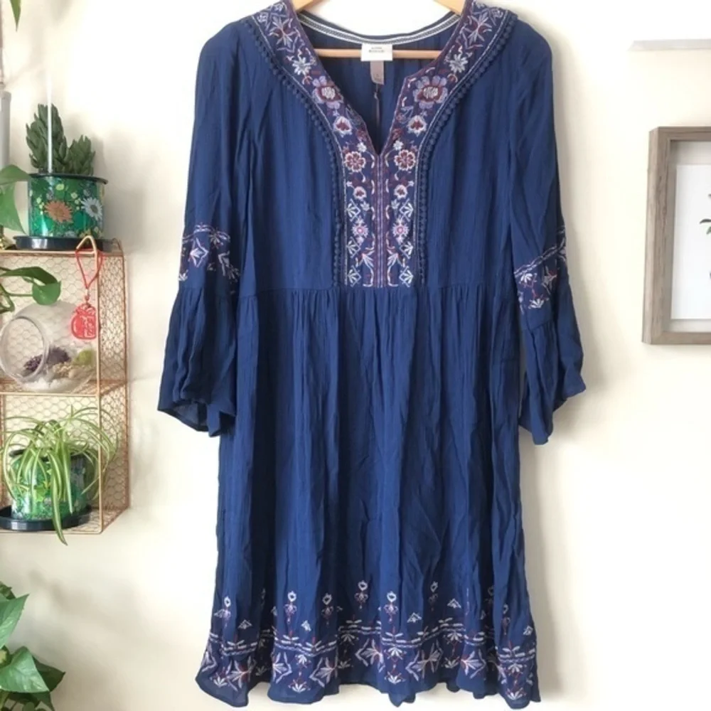 Knox Rose Starry Night Navy Blue Embroidered Boho Bell Sleeve Rayon Dress Sz S